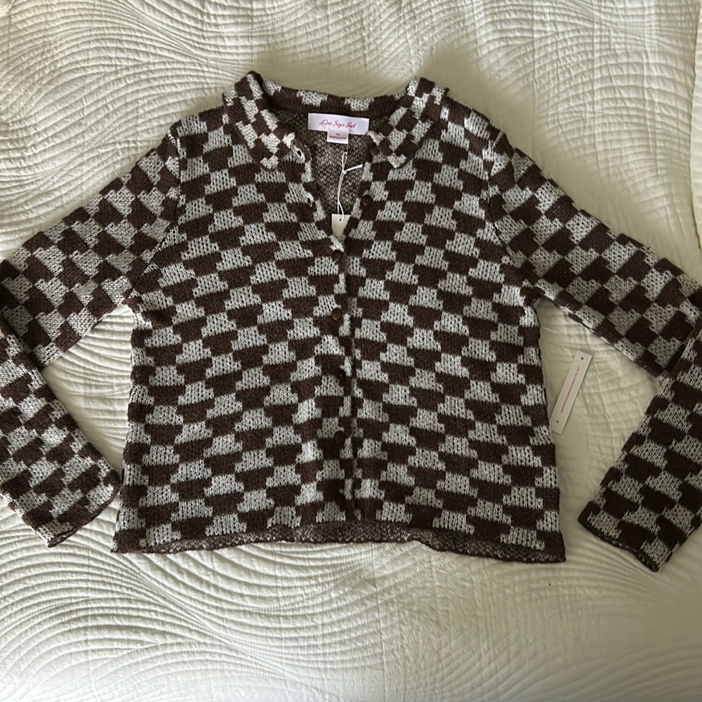 Lisa Says Gah Brown and Cream Checkered Cardigan Sweater